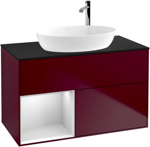 VILLEROY BOCH Toaletní skříňka Finion, s osvětlením, 2 výsuvy, 1000 x 603 x 501 mm, Pivoňka matný lak / Bílý matný lak / Sklo černé matné #F892MTHB
