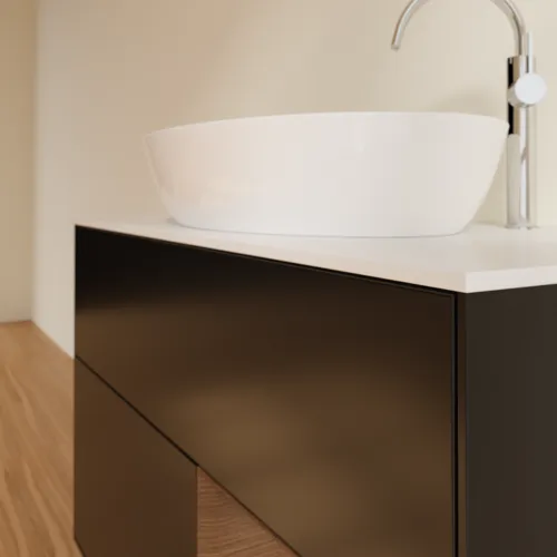 Obrázek VILLEROY BOCH Toaletní skříňka Finion, s osvětlením, 2 výsuvy, 1000 x 603 x 501 mm, černý matný lak / ořechová dýha / sklo bílé matné #F901GNPD