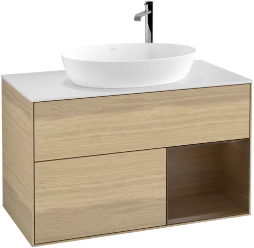 Obrázek VILLEROY BOCH Umyvadlová skříňka Finion, s osvětlením, 2 výsuvy, 1000 x 603 x 501 mm, dubová dýha / ořechová dýha / sklo bílé matné #F901GNPC