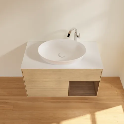 Obrázek VILLEROY BOCH Umyvadlová skříňka Finion, s osvětlením, 2 výsuvy, 1000 x 603 x 501 mm, dubová dýha / ořechová dýha / sklo bílé matné #F901GNPC