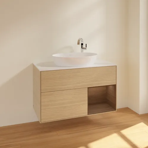 Obrázek VILLEROY BOCH Umyvadlová skříňka Finion, s osvětlením, 2 výsuvy, 1000 x 603 x 501 mm, dubová dýha / ořechová dýha / sklo bílé matné #F901GNPC