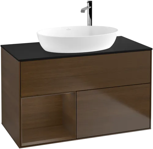 Obrázek VILLEROY BOCH Toaletní stolek Finion, s osvětlením, 2 výsuvy, 1000 x 603 x 501 mm, ořechová dýha / ořechová dýha / sklo černé matné #F892GNGN