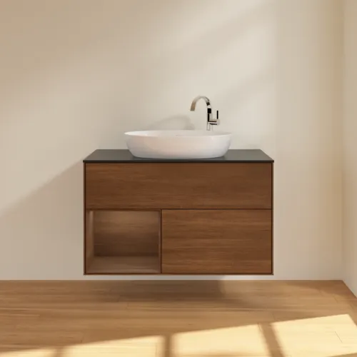 Obrázek VILLEROY BOCH Toaletní stolek Finion, s osvětlením, 2 výsuvy, 1000 x 603 x 501 mm, ořechová dýha / ořechová dýha / sklo černé matné #F892GNGN