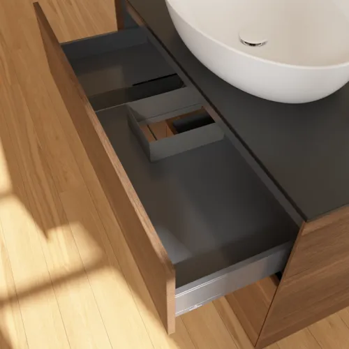 Obrázek VILLEROY BOCH Toaletní stolek Finion, s osvětlením, 2 výsuvy, 1000 x 603 x 501 mm, ořechová dýha / ořechová dýha / sklo černé matné #F892GNGN