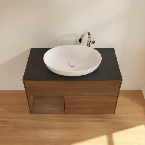 Obrázek VILLEROY BOCH Toaletní stolek Finion, s osvětlením, 2 výsuvy, 1000 x 603 x 501 mm, ořechová dýha / ořechová dýha / sklo černé matné #F892GNGN