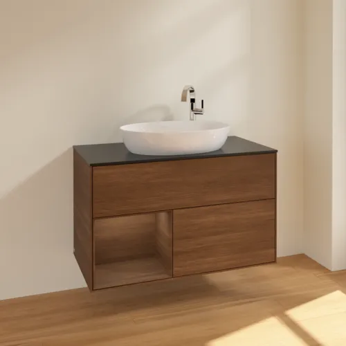 Obrázek VILLEROY BOCH Toaletní stolek Finion, s osvětlením, 2 výsuvy, 1000 x 603 x 501 mm, ořechová dýha / ořechová dýha / sklo černé matné #F892GNGN