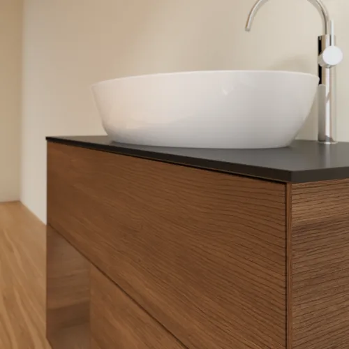Obrázek VILLEROY BOCH Toaletní stolek Finion, s osvětlením, 2 výsuvy, 1000 x 603 x 501 mm, ořechová dýha / ořechová dýha / sklo černé matné #F892GNGN
