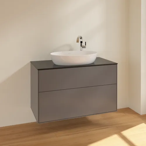 Obrázek VILLEROY BOCH Toaletní skříňka Finion, 2 výsuvy, 1000 x 603 x 501 mm, antracit matný lak / sklo černé matné #F88200GK