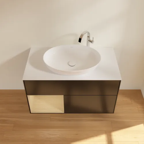 Obrázek VILLEROY BOCH Toaletní skříňka Finion, s osvětlením, 2 výsuvy, 1000 x 603 x 501 mm, černý matný lak / dubová dýha / sklo bílé matné #F891PCPD