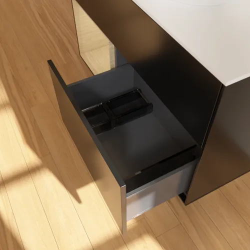 Obrázek VILLEROY BOCH Toaletní skříňka Finion, s osvětlením, 2 výsuvy, 1000 x 603 x 501 mm, černý matný lak / dubová dýha / sklo bílé matné #F891PCPD