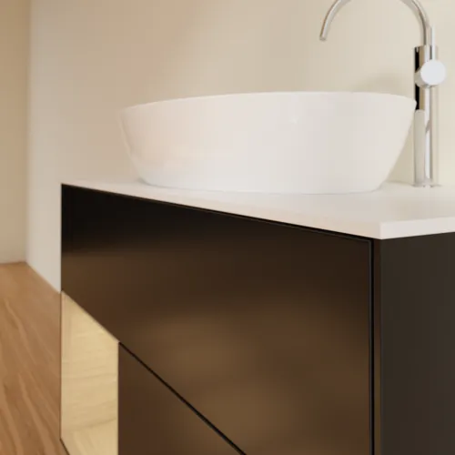 Obrázek VILLEROY BOCH Toaletní skříňka Finion, s osvětlením, 2 výsuvy, 1000 x 603 x 501 mm, černý matný lak / dubová dýha / sklo bílé matné #F891PCPD