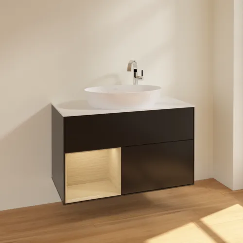 Obrázek VILLEROY BOCH Toaletní skříňka Finion, s osvětlením, 2 výsuvy, 1000 x 603 x 501 mm, černý matný lak / dubová dýha / sklo bílé matné #F891PCPD