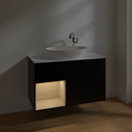 Obrázek VILLEROY BOCH Toaletní skříňka Finion, s osvětlením, 2 výsuvy, 1000 x 603 x 501 mm, černý matný lak / dubová dýha / sklo bílé matné #F891PCPD