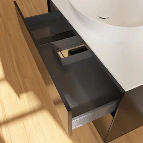 Obrázek VILLEROY BOCH Toaletní skříňka Finion, s osvětlením, 2 výsuvy, 1000 x 603 x 501 mm, černý matný lak / dubová dýha / sklo bílé matné #F891PCPD