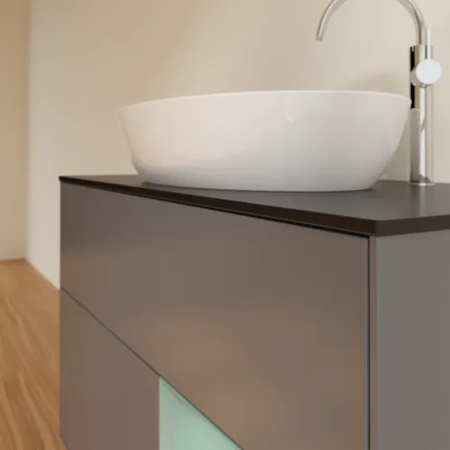 Obrázek VILLEROY BOCH Toaletní skříňka Finion, s osvětlením, 2 výsuvy, 1000 x 603 x 501 mm, antracitový matný lak / olivový matný lak / černé matné sklo #F902GMGK