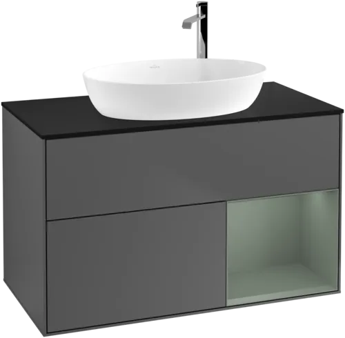 Obrázek VILLEROY BOCH Toaletní skříňka Finion, s osvětlením, 2 výsuvy, 1000 x 603 x 501 mm, antracitový matný lak / olivový matný lak / černé matné sklo #F902GMGK