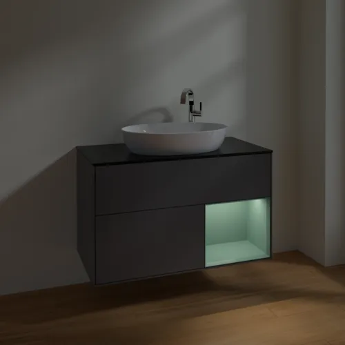 Obrázek VILLEROY BOCH Toaletní skříňka Finion, s osvětlením, 2 výsuvy, 1000 x 603 x 501 mm, antracitový matný lak / olivový matný lak / černé matné sklo #F902GMGK