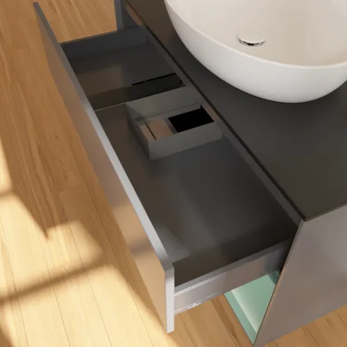 Obrázek VILLEROY BOCH Toaletní skříňka Finion, s osvětlením, 2 výsuvy, 1000 x 603 x 501 mm, antracitový matný lak / olivový matný lak / černé matné sklo #F902GMGK