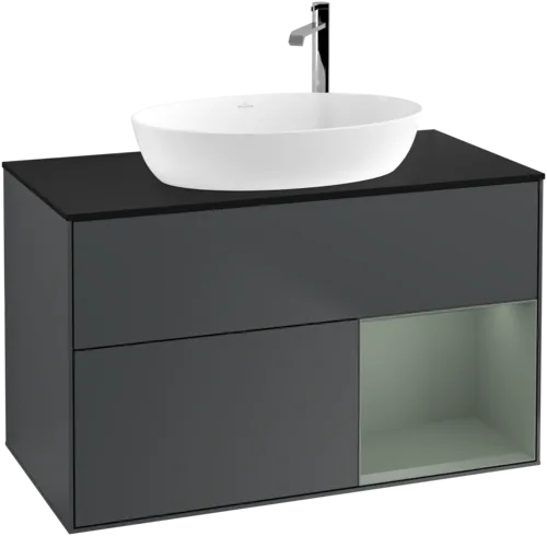 Obrázek VILLEROY BOCH Toaletní skříňka Finion, s osvětlením, 2 výsuvy, 1000 x 603 x 501 mm, Midnight Blue Matt Lacquer / Olive Matt Lacquer / Glass Black Matt #F902GMHG