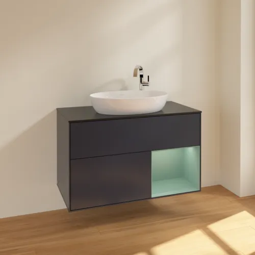 Obrázek VILLEROY BOCH Toaletní skříňka Finion, s osvětlením, 2 výsuvy, 1000 x 603 x 501 mm, Midnight Blue Matt Lacquer / Olive Matt Lacquer / Glass Black Matt #F902GMHG