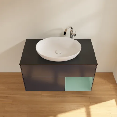Obrázek VILLEROY BOCH Toaletní skříňka Finion, s osvětlením, 2 výsuvy, 1000 x 603 x 501 mm, Midnight Blue Matt Lacquer / Olive Matt Lacquer / Glass Black Matt #F902GMHG
