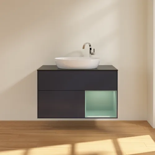 Obrázek VILLEROY BOCH Toaletní skříňka Finion, s osvětlením, 2 výsuvy, 1000 x 603 x 501 mm, Midnight Blue Matt Lacquer / Olive Matt Lacquer / Glass Black Matt #F902GMHG