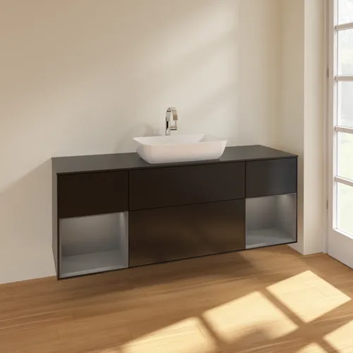 VILLEROY BOCH Toaletní skříňka Finion, s osvětlením, 4 výsuvy, 1600 x 603 x 501 mm, černý matný lak / antracitový matný lak / černé matné sklo #F862GKPD, obrázek 2