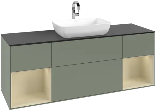 VILLEROY BOCH Toaletní skříňka Finion, s osvětlením, 4 výsuvy, 1600 x 603 x 501 mm, olivový matný lak / hedvábně šedý matný lak / černé matné sklo #F862HJGM