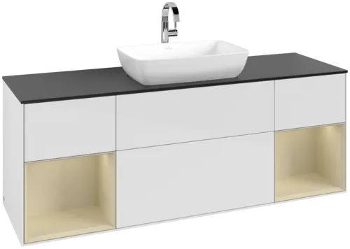 VILLEROY BOCH Toaletní skříňka Finion, s osvětlením, 4 výsuvy, 1600 x 603 x 501 mm, lesklý bílý lak / hedvábně šedý matný lak / černé matné sklo #F862HJGF