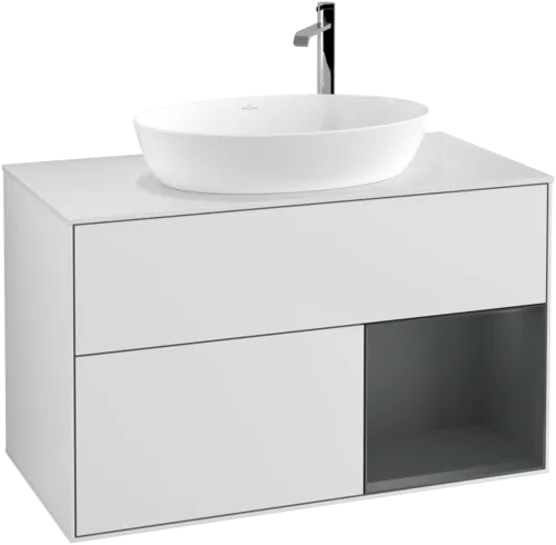 VILLEROY BOCH Toaletní skříňka Finion, s osvětlením, 2 výsuvy, 1000 x 603 x 501 mm, bílý matný lak / půlnoční modrý matný lak / bílé matné sklo #F901HGMT