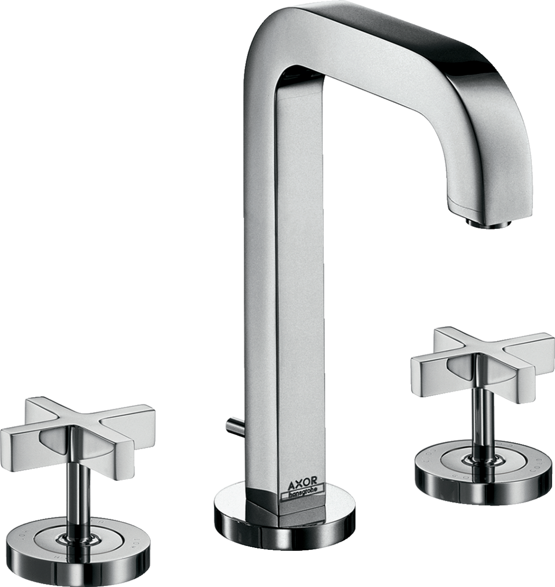 HANSGROHE AXOR Citterio 3otvorová umyvadlová baterie 170 s výtokem 140 mm, rukojeťmi ve tvaru kříže, rozetami a odtokovou soupravou s táhlem #39133000 - chrom