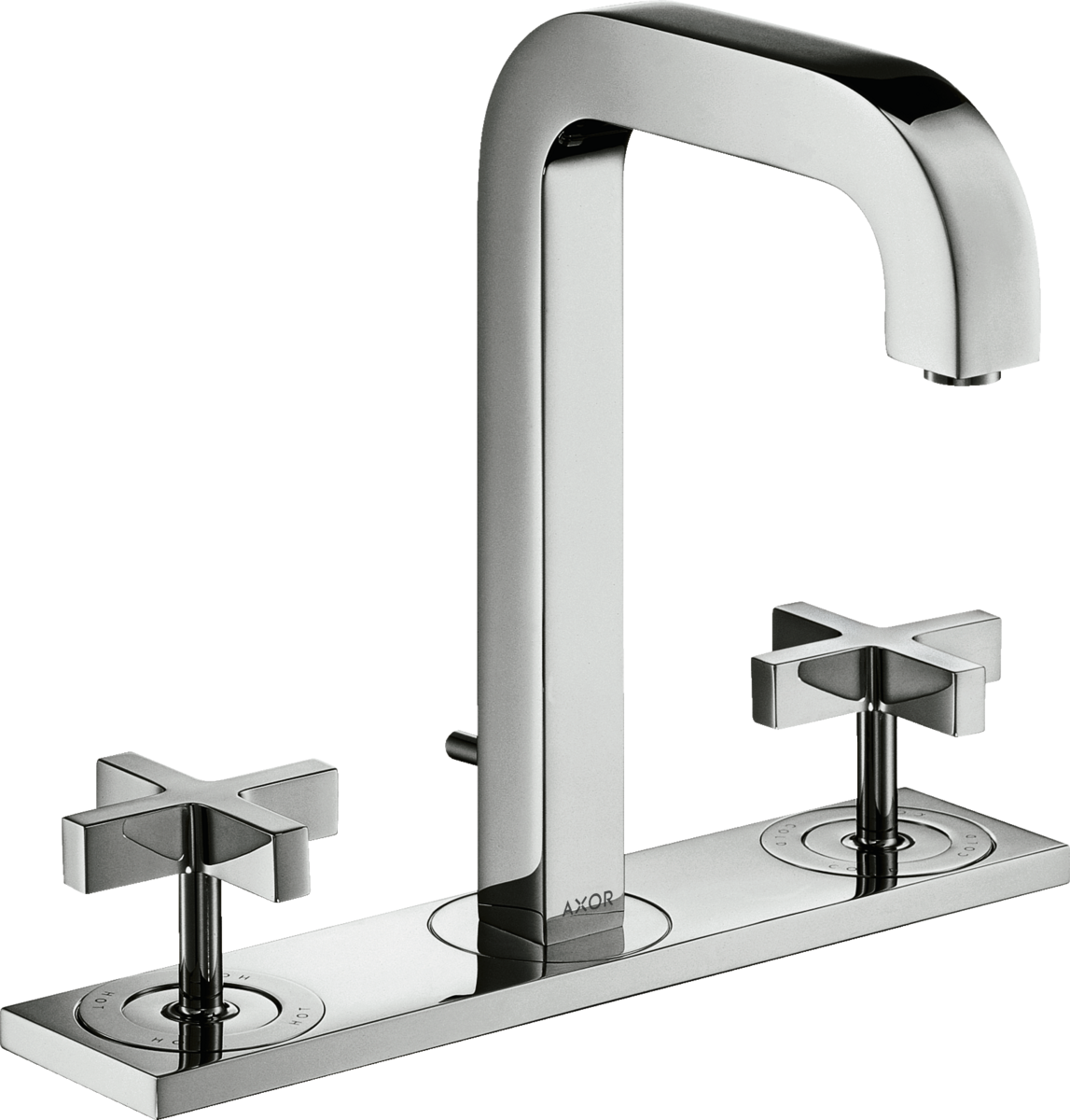 HANSGROHE AXOR Citterio 3otvorová umyvadlová baterie 170 s výtokem 140 mm, rukojeťmi ve tvaru kříže a deskou, s odtokovou soupravou s táhlem #39134000 - chrom