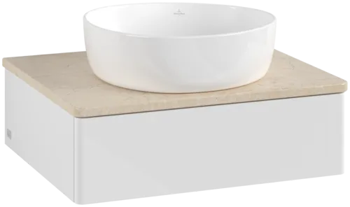 VILLEROY BOCH Toaletní skříňka Antao, 1 zásuvka, 600 x 190 x 500 mm, přední strana bez konstrukce, lesklý bílý lak / Botticino #K07013GF