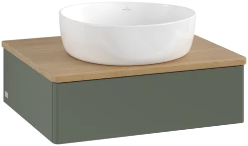 VILLEROY BOCH Toaletní stolek Antao, 1 zásuvka, 600 x 190 x 500 mm, přední strana bez konstrukce, listově zelený matný lak / medový dub #K07011HL
