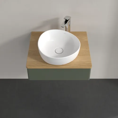 VILLEROY BOCH Toaletní stolek Antao, 1 zásuvka, 600 x 190 x 500 mm, přední strana bez konstrukce, listově zelený matný lak / medový dub #K07051HL, obrázek 4