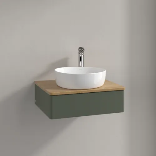 VILLEROY BOCH Toaletní stolek Antao, 1 zásuvka, 600 x 190 x 500 mm, přední strana bez konstrukce, listově zelený matný lak / medový dub #K07051HL, obrázek 2