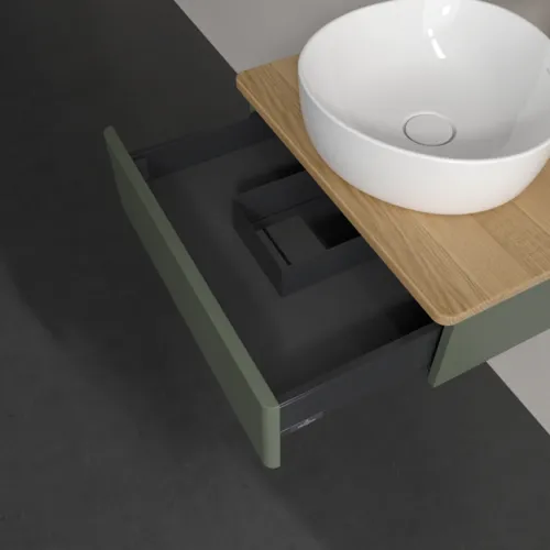 VILLEROY BOCH Toaletní stolek Antao, 1 zásuvka, 600 x 190 x 500 mm, přední strana bez konstrukce, listově zelený matný lak / medový dub #K07051HL, obrázek 6
