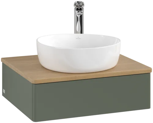 VILLEROY BOCH Toaletní stolek Antao, 1 zásuvka, 600 x 190 x 500 mm, přední strana bez konstrukce, listově zelený matný lak / medový dub #K07051HL