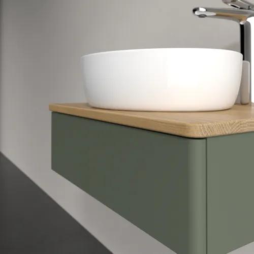 VILLEROY BOCH Toaletní stolek Antao, 1 zásuvka, 600 x 190 x 500 mm, přední strana bez konstrukce, listově zelený matný lak / medový dub #K07051HL, obrázek 5