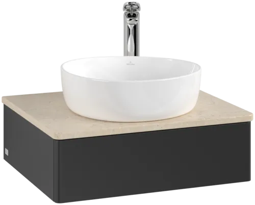 VILLEROY BOCH Toaletní skříňka Antao, 1 zásuvka, 600 x 190 x 500 mm, přední strana bez konstrukce, černý matný lak / Botticino #K07053PD