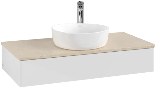 VILLEROY BOCH Toaletní stolek Antao, 1 zásuvka, 1000 x 190 x 500 mm, přední strana bez konstrukce, lesklý bílý lak / Botticino #K09053GF