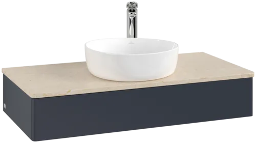 VILLEROY BOCH Toaletní stolek Antao, 1 zásuvka, 1000 x 190 x 500 mm, přední strana bez konstrukce, Midnight Blue Matt Lacquer / Botticino #K09053HG