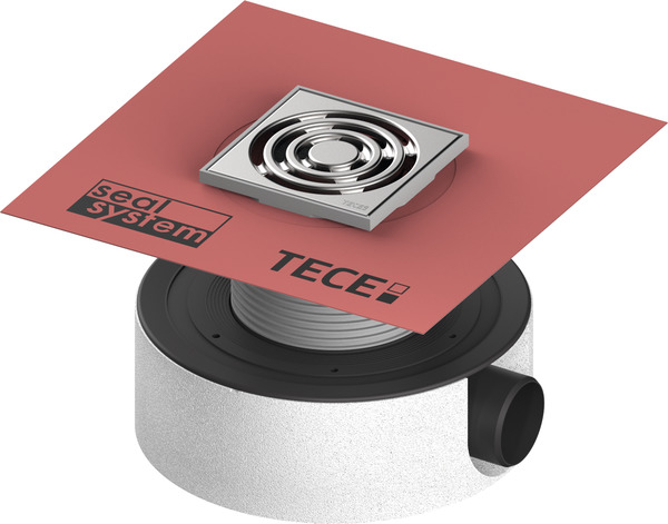 TECE Sada podlahové vpusti TECEdrainpoint S 115 extra plochá s továrně namontovanou těsnicí objímkou Seal System a vodní pachovou závěrou #3601107