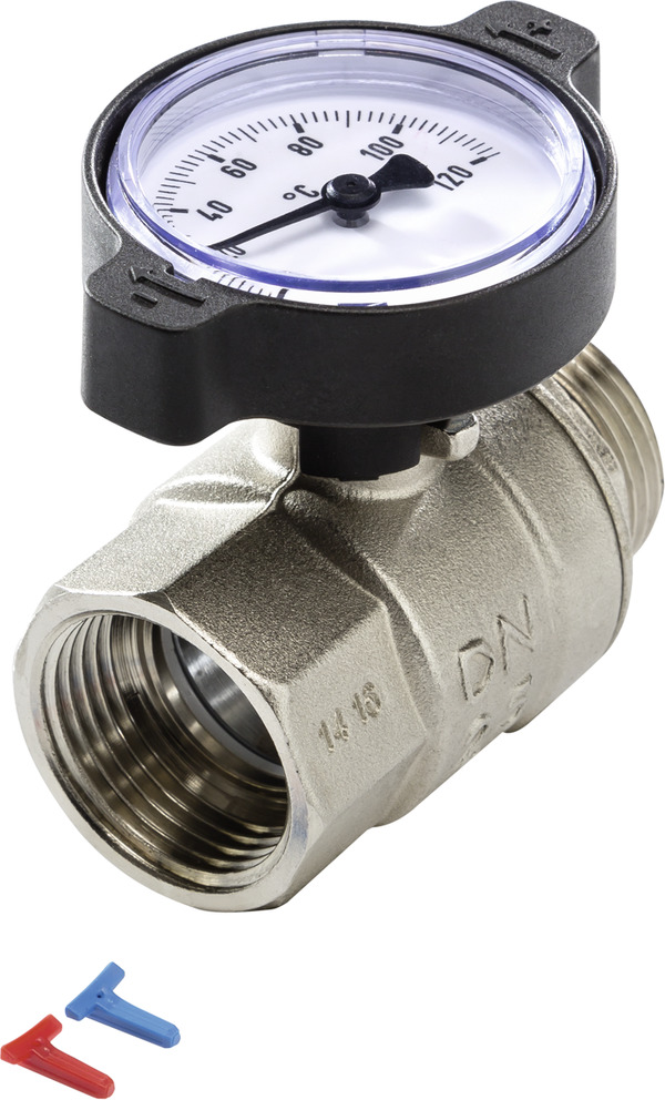 TECE TECEfloor ball valve w. thermometer, 1" clips red/blue, Rp 1" x R 1" & flat seal #77381008