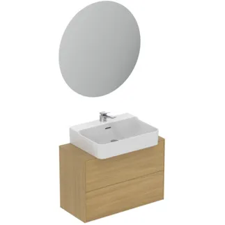 IDEAL STANDARD CONCA - nábytkový balíček 802x450x675 mm, svislá vzdálenost 132 mm od středové výpusti, světlá dubová dýha, 5 l/min (3 bary), 1 otvor pro baterii, s přepadem, s výsuvným odpadem, 2 zásuvky - bez rukojeti, perlátor, síťový provoz, otevírání push-to-open, SoftClosing, FirmaFlow, dřevo z udržitelných zdrojů, pravá dřevěná dýha #T4638Y6 - světlý dub
