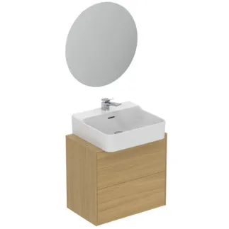 IDEAL STANDARD CONCA - nábytkový balíček 602x450x771 mm, svislá vzdálenost 132 mm od středové výpusti, světlá dubová dýha, 5 l/min (3 bary), 1 otvor pro baterii, s přepadem, s výsuvným odpadem, 2 zásuvky - bez rukojeti, perlátor, síťový provoz, otevírání push-to-open, SoftClosing, FirmaFlow, dřevo z udržitelných zdrojů, pravá dřevěná dýha #T4639Y6 - světlý dub
