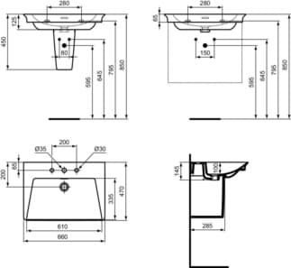 IDEAL STANDARD LDV - Nábytkové umyvadlo 660x470x145 mm v bílé barvě, 3 otvory pro baterii, s přepadem - IdealPlus #E2675MA - White (Alpine) s Ideal Plus, obrázek 5
