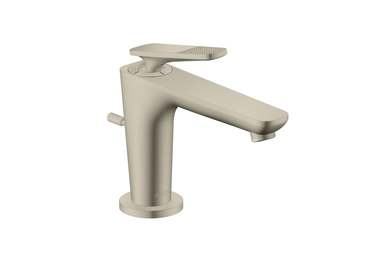HANSGROHE AXOR Citterio C Páková umyvadlová baterie 90 s funkcí CoolStart, pro umývátka, s odtokovou soupravou s táhlem - kubický brus #49011820 - kartáčovaný nikl