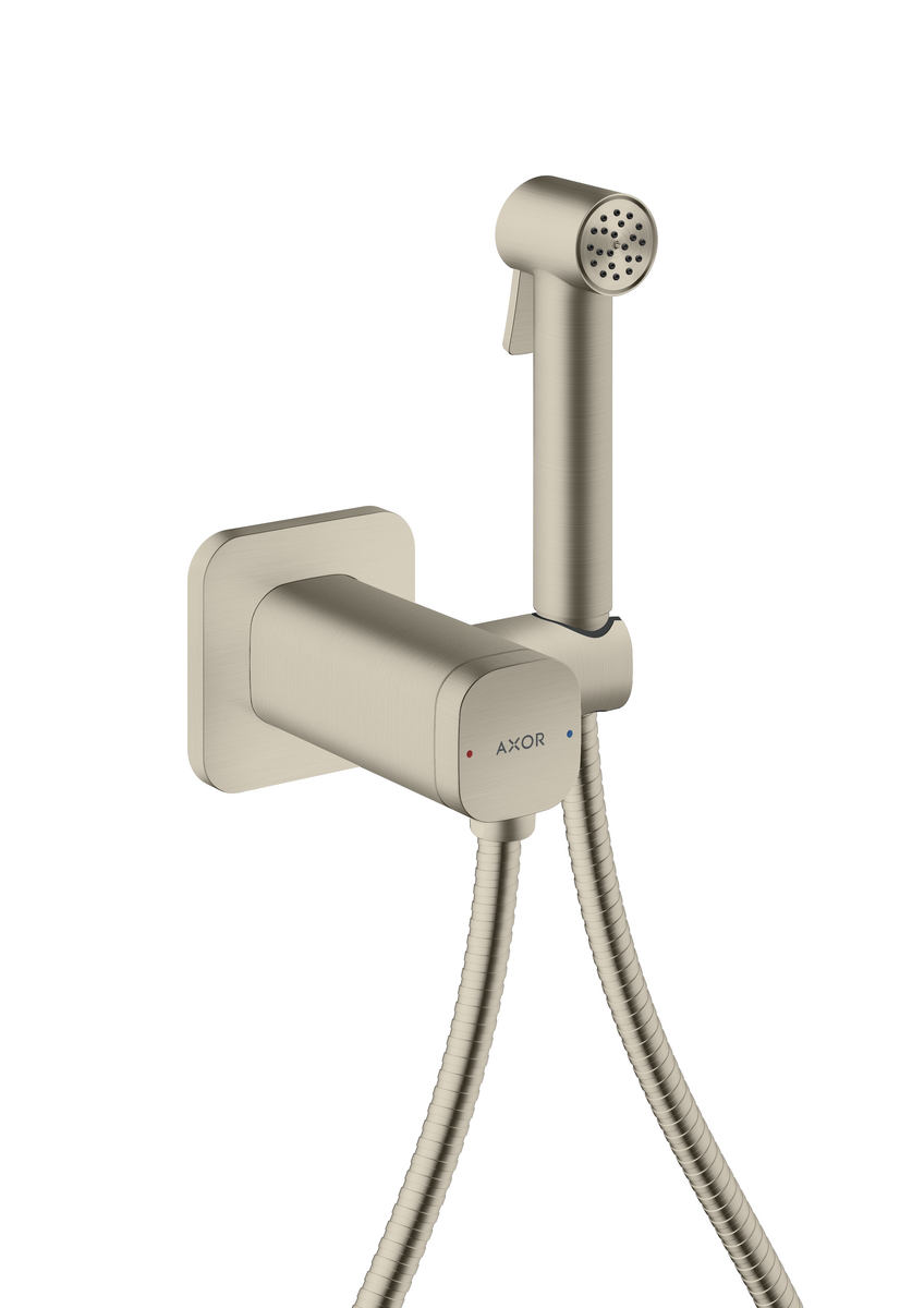 HANSGROHE AXOR Bidette Sprchy Bidette Ruční sprcha 1jet softsquare pro smíšenou vodu s držákem sprchy a sprchovou hadicí 1,25 m #29243820 - kartáčovaný nikl