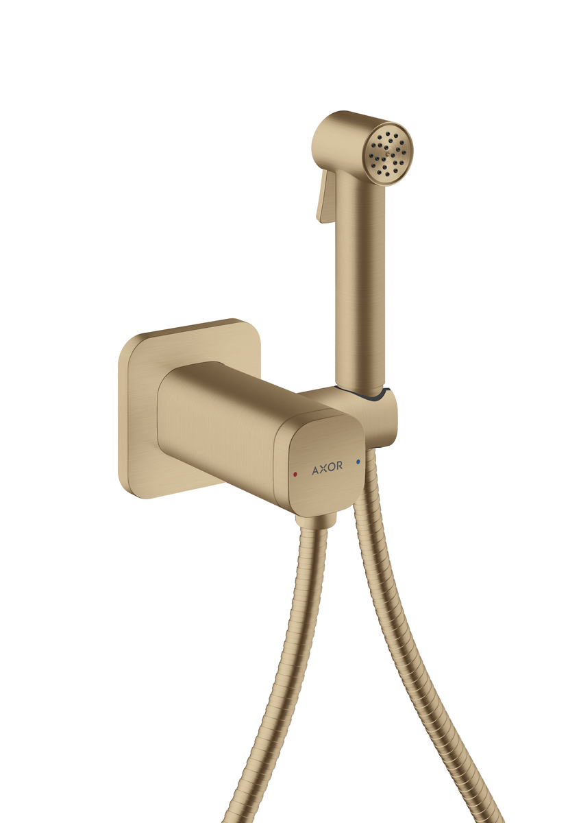HANSGROHE AXOR Bidette Sprchy Bidette ruční sprcha 1 tryska softsquare pro smíšenou vodu s držákem sprchy a sprchovou hadicí 1,25 m #29243140 - Brushed Bronze